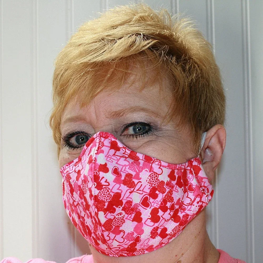 HAND CRAFTED Face Mask Hearts Pink Adult Cloth Fabric Print - Shield Style